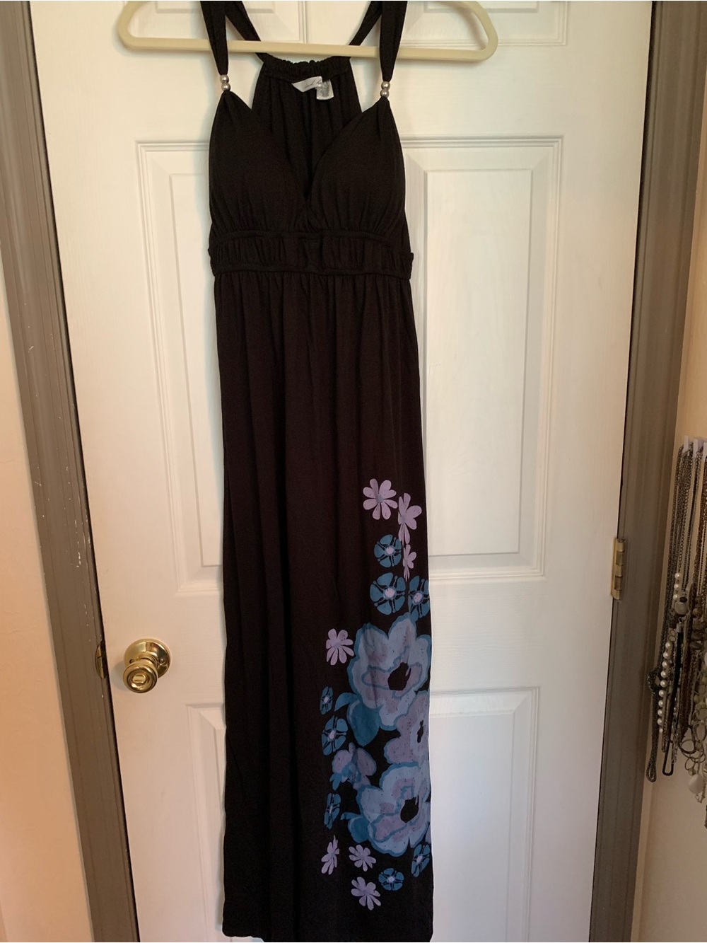Derek Heart Black Maxi Dress with Blue and Lavender Floral Accent